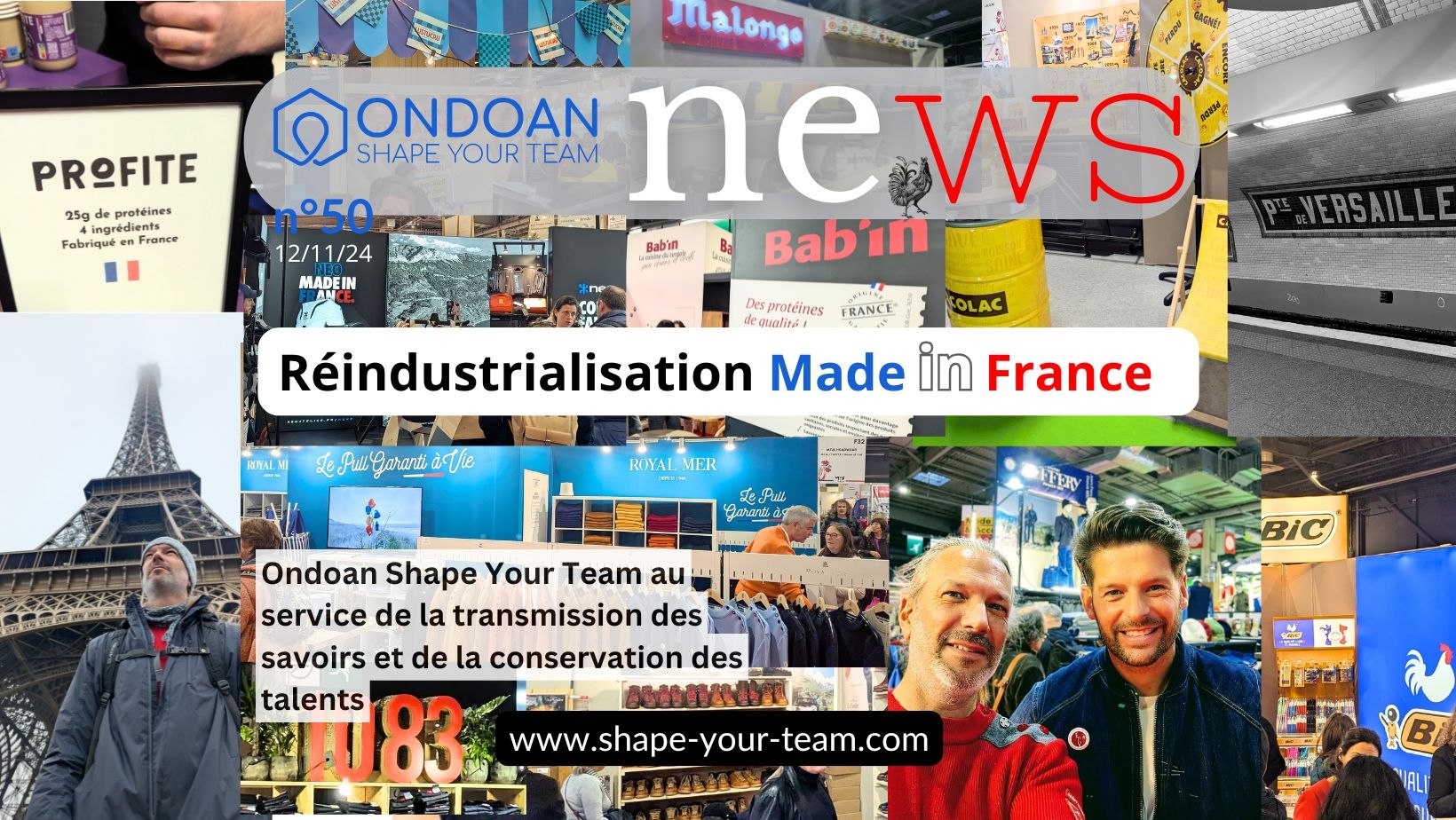 Patchwork d’images du Salon Made in France, illustrant les échanges autour de la transmission des savoirs et la conservation des talents.