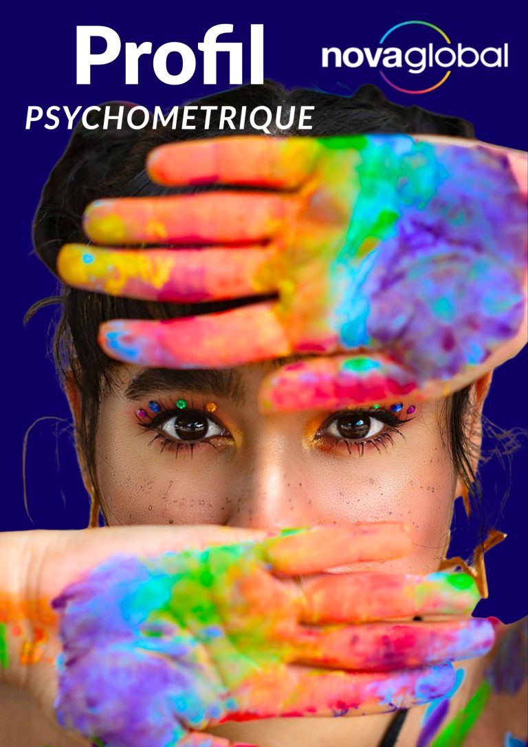 Femme cachant bouche et front avec mains peintes en couleurs Nova Global (Rouge, Jaune, Vert, Bleu). Symbolise l'analyse de la personnalité et des motivations.