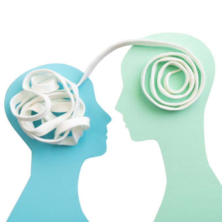 Illustration abstraite de deux visages reliés par un fil symbolisant la compréhension cognitive et la réduction de la charge émotionnelle en équipe