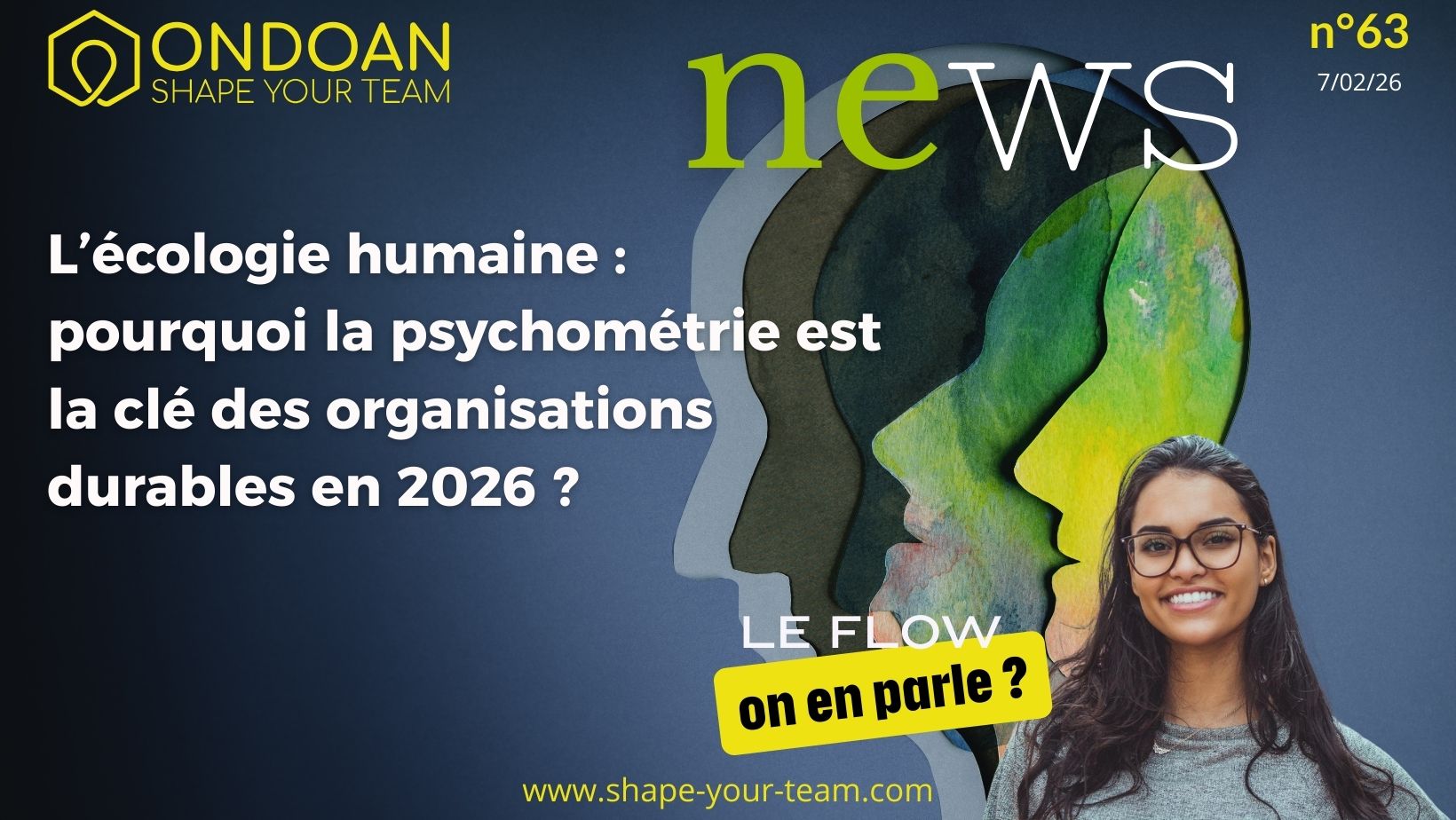 Visages abstraits superposés et femme en arrière-plan, symbolisant le Flow, la compréhension des talents et l’impact de la psychométrie sur les organisations durables