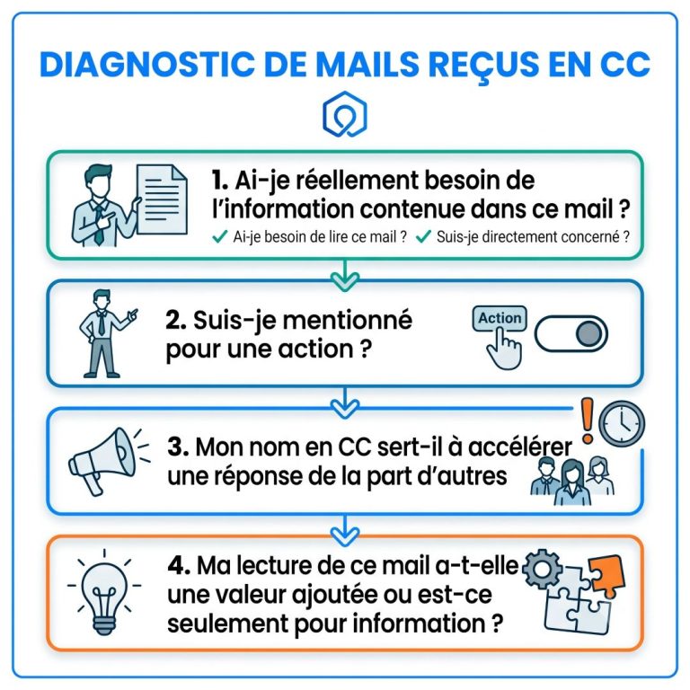 Infographie sous forme de logigramme présentant le diagnostic pour évaluer la pertinence des e-mails reçus en copie carbone CC au travail.